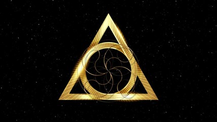 Animation of mystical triangle, All seeing eye, gold masonry and illuminati symbol. Geometric alchemy occult and mystic sign. Looping video of esoteric Sacred Geometry on starry galaxy background