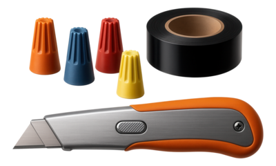 Household electrical repair kit including wire nuts, electrical tape, and a utility knife for simple repairs in a cottage.