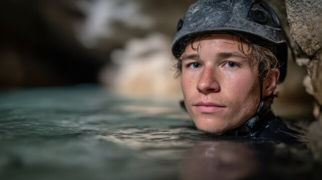 portrait of speleologist exploring underground lake captured in dynamic shot with neutral expression