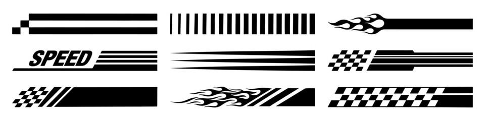 Racing cars and race car stripes set. Checkered flag, motocross labels, dynamic lines, motorsport, racing stripe speed, sport decals, tuning stickers