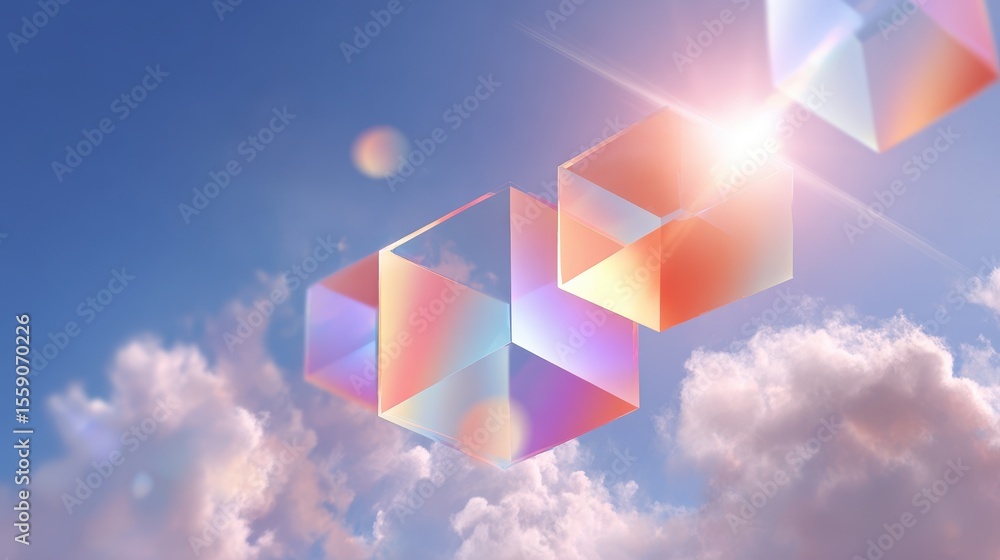 Poster floating geometric shapes reflecting light against a blue sky filled with clouds, creating a serene 
