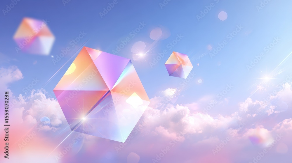 Poster floating geometric shapes shimmer against a pastel sky, creating a dreamlike, surreal atmosphere wit