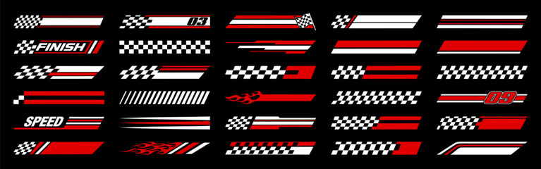 Racing cars and race car stripes set. Checkered flag, motocross labels, dynamic lines, motorsport, racing stripe speed, sport decals, tuning stickers