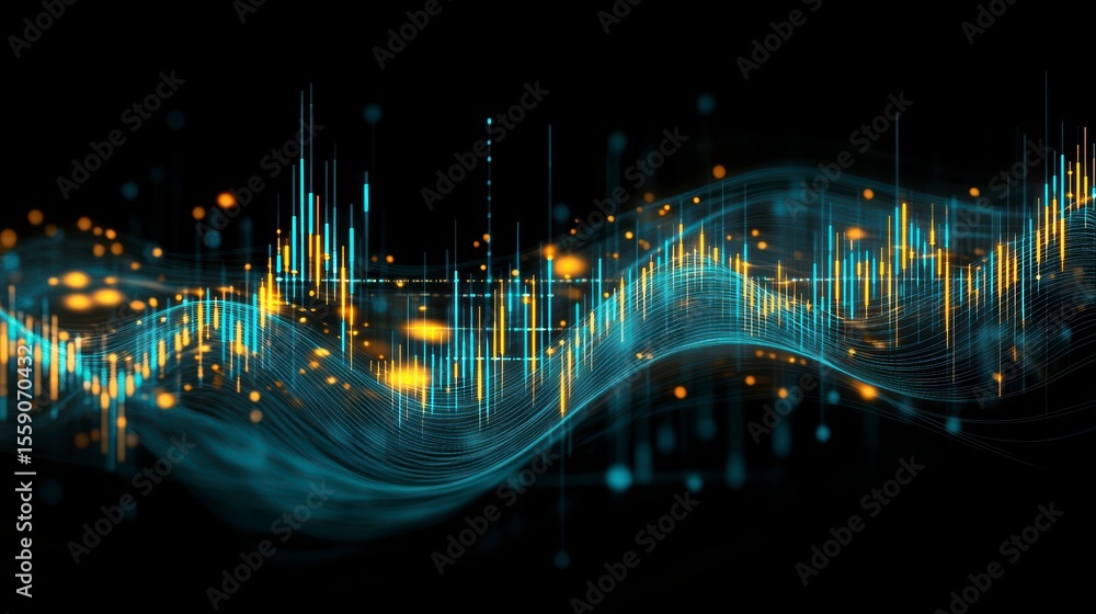 Aufkleber abstract glowing wave with data points and financial chart.