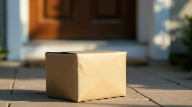 A brown cardboard package sits on a stone pathway in front of a wooden door. The scene is well-lit, suggesting a sunny day.