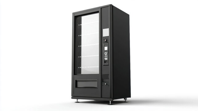 A modern vending machine stands. The machine has a large, blank white screen. isolated on white background. 