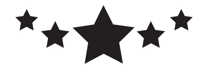 Five flat black stars isolated on a transparent background – Five stars for product reviews or ratings, apps, and more.