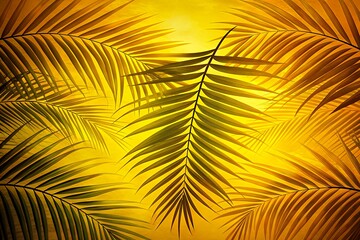 Obraz premium Vibrant golden yellow background with overlapping backlit palm fronds creating a tropical and exotic atmosphere with a sense of warmth and sunshine