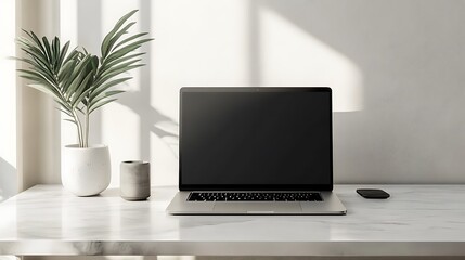 Fototapeta premium Silver laptop, potted plant, and a grey cup rest on a white marble desk