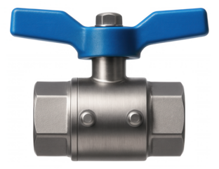 Stainless steel ball valve featuring a blue T-handle, designed for use in an apartment's gas line for safety and durability.
