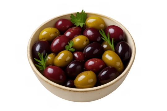 Vibrant olive mix of green, black, red varieties nestled in bowl, garnished with parsley sprigs, resting on clear surface - Powered by Adobe