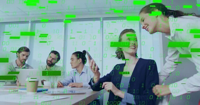 Woman tapping smartphone and sharing data in business meeting with green code overlay intensifying