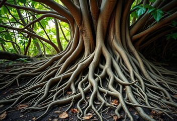 Powerful intertwined roots forming a solid base, unity, life
