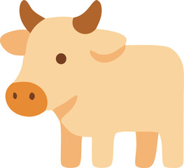 A whimsical illustration of a charming cream-colored cow with brown horns and a playful expression standing calmly with a smile on its face