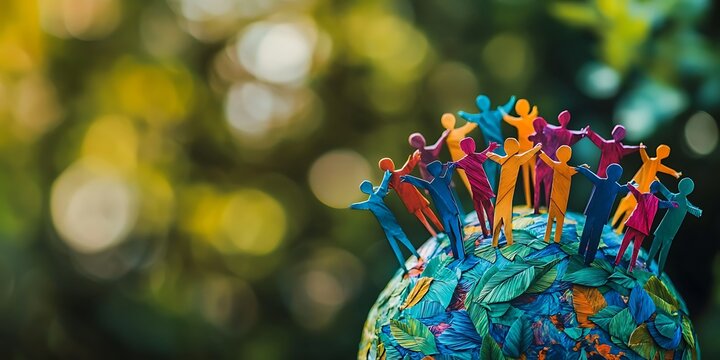 Diverse colorful paper people holding hands on a globe with leaves diversity unity