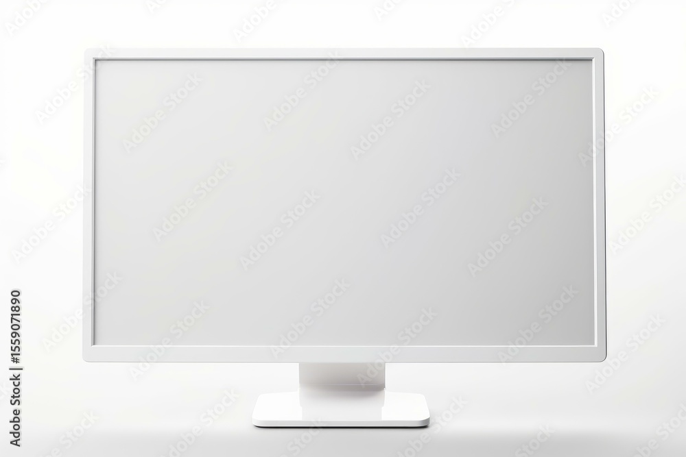 Poster white computer monitor showing blank white screen on white background, perfect for displaying custom