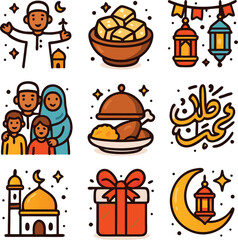 Festive Ramadan celebration with family, food, mosque, crescent moon, and gifts in colorful vector illustration style