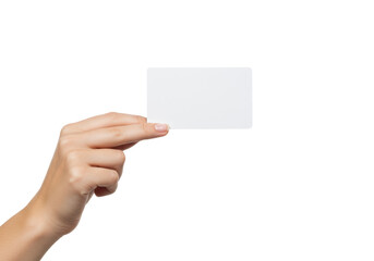Obraz premium Young caucasian female hand holding a blank white plastic card, transparent studio background, ultra-realistic UHD close-up, soft shadowless lighting. Concept of identity and new opportunity
