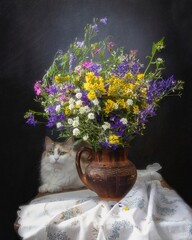 Pretty kitty and bouquet field flowers
