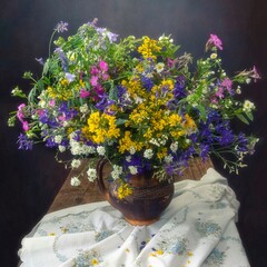 Still life with  bouquet wild flowers