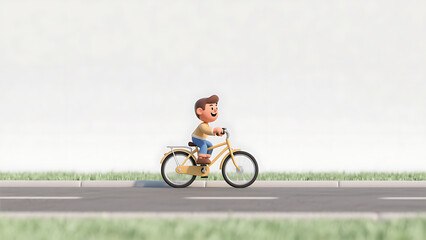 Obraz premium Joyful cartoon boy riding a yellow bicycle on a road with green grass, cheerful 3D rendered illustration of a child's outdoor activity, summer fun concept copy space