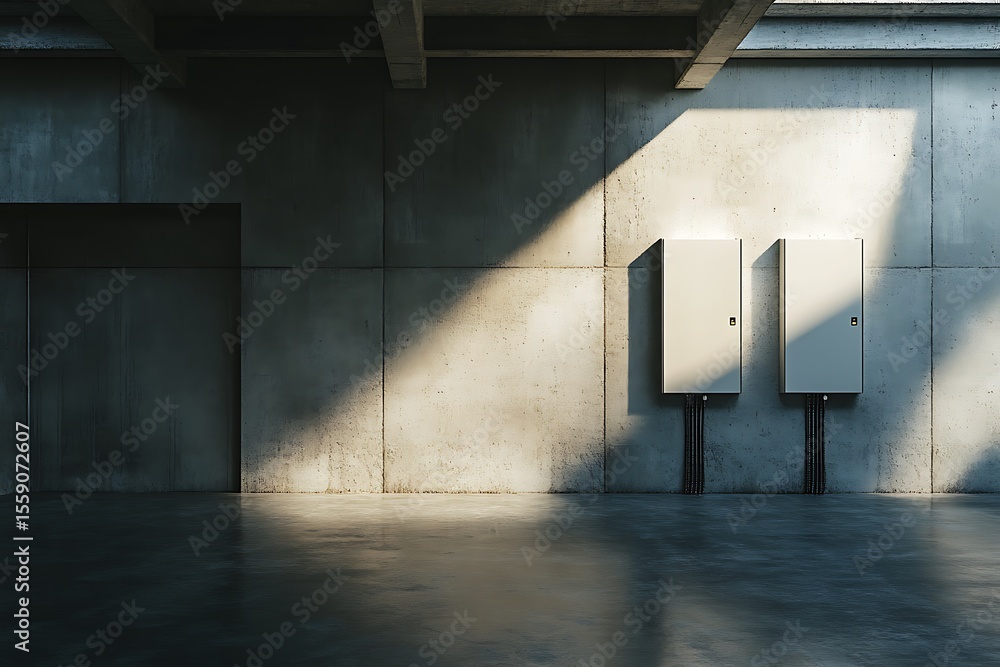 Poster sunlight shines on two electrical boxes mounted on a concrete wall inside an empty building