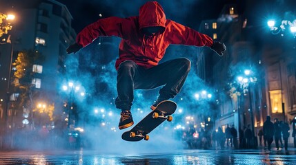Nighttime shot of a skateboarder doing tricks under streetlights