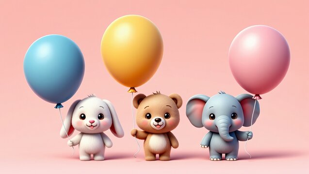 Three adorable cartoon animals a bunny a bear and an elephant holding balloons on a soft pink background