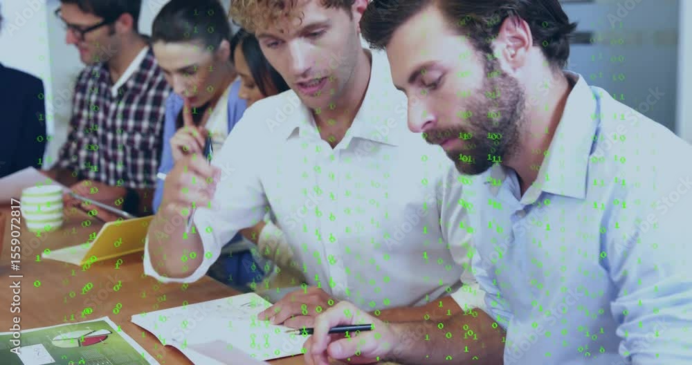 Aufkleber curly man opening chart and pointing at graph as bearded peer annotating data for business project