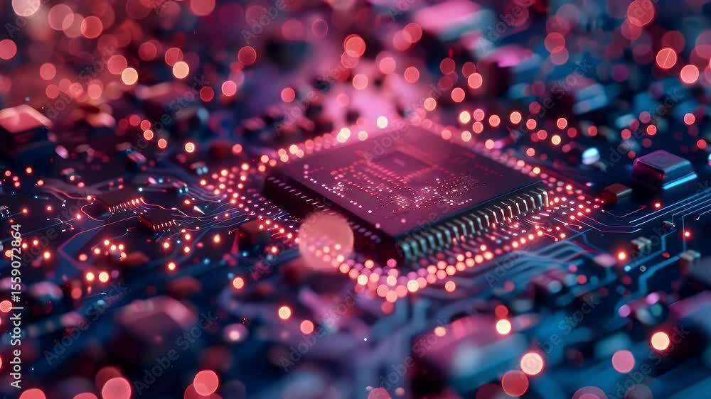 Poster illuminated microchip component on electronic board in red and blue lighting