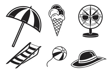 summer icon set sihouette black vector