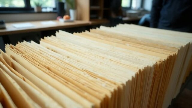 A close-up view of a stack of manila folders on a desk in an office environment. The folders are organized and appear to contain documents.