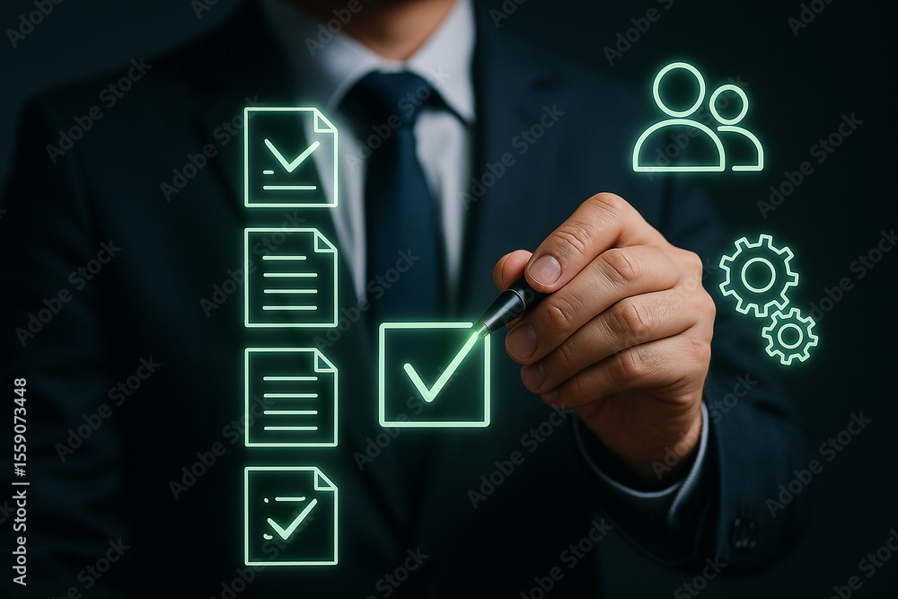 Poster man in suit marking checklist with digital pen next to team and gears icons on dark background