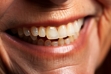 Fototapeta premium Mature woman smiles, revealing slightly yellowed teeth, indicative of aging or lifestyle habits