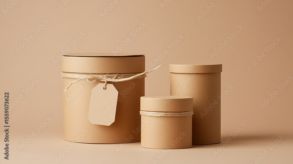Poster three neutral cylindrical boxes sit on a matching surface with string and tag