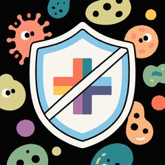 A white shield with a rainbow plus sign and a strikethrough line surrounded by cartoonlike microbes