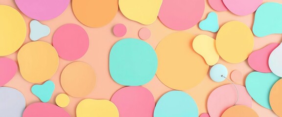 Soft, pastel-colored abstract shapes forming a whimsical, playful pattern,  print,  cheerful