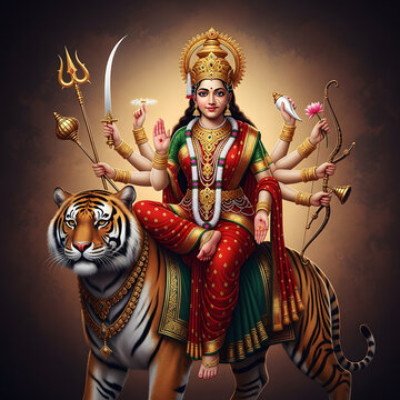 Digital illustration of goddess durga seated on a tiger depicting strength and divinity