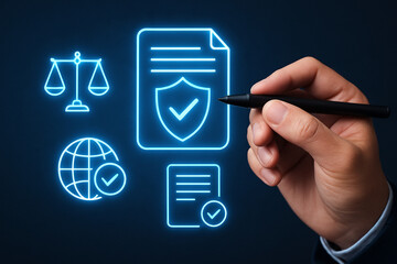 Hand holding pen near neon icons of scales document globe and secure document on dark background