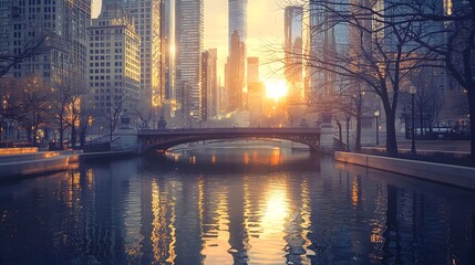 Serene Urban Sunset Over Calm River with Cityscape Reflections