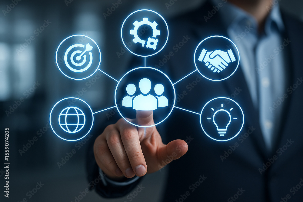 Poster a person in a suit pointing at a digital interface with team and business related icons displayed ar
