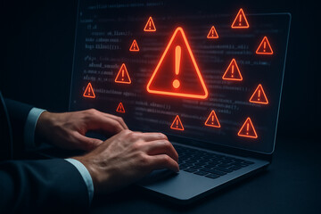 Person typing on laptop with red warning signs displayed on the screen indicating a security threat