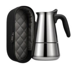 Portable geyser coffee maker with a carry case, ideal for use in a small office or a shared workspace.