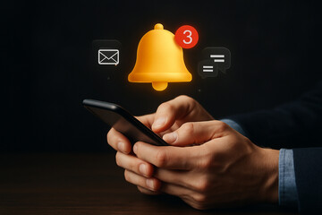 Person holding smartphone with notification bell and message icons on a dark background image