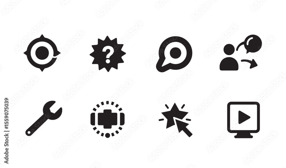 Poster minimalist icon set representing various concepts and operations in a clean black and white style
