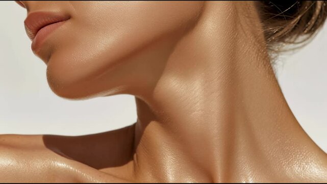 Woman applying self tanning lotion on neck and decollete, demonstrating sunless tanning cream stages against white background, skincare beauty routine