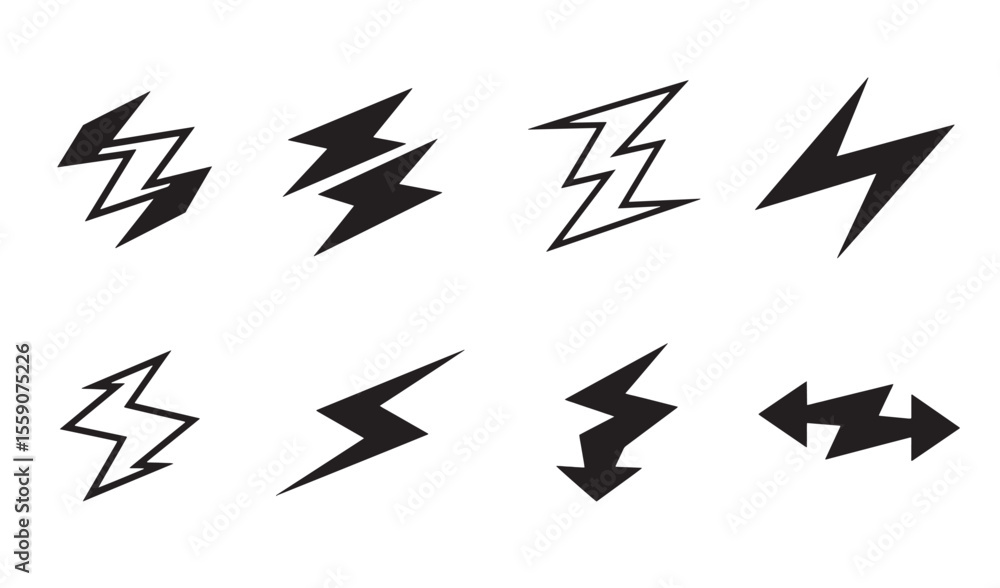 Poster set of vector lightning bolt icons for design and graphic elements in black and white
