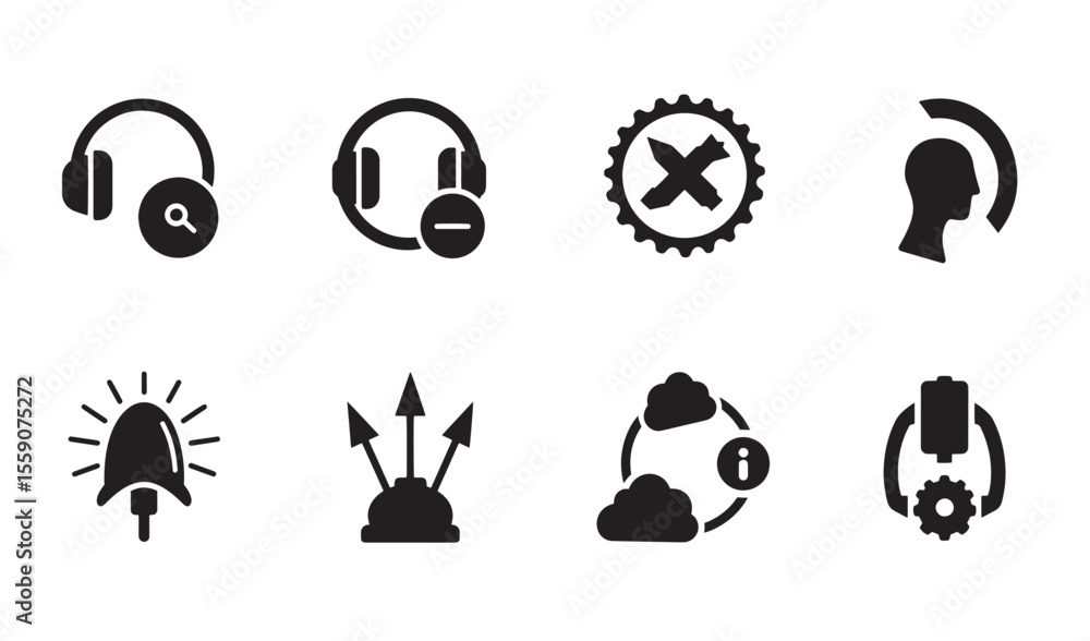 Poster simple black and white icon set illustrating various concepts like listening warning information and