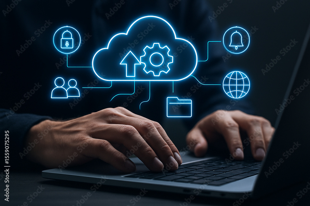 Poster person typing on a laptop with cloud computing icons displayed above the keyboard in blue neon light