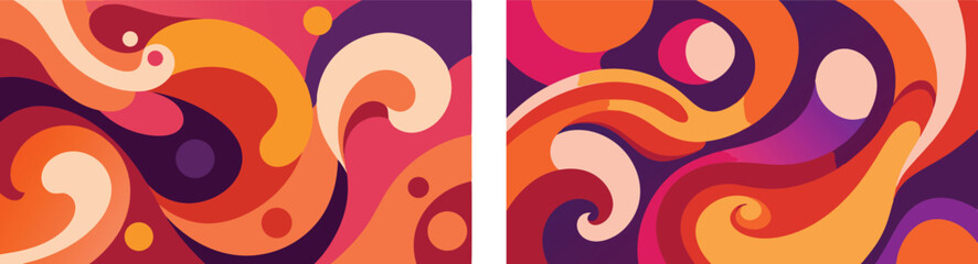 Vector art of two vibrant abstract backgrounds with swirling orange and purple patterns, isolated on transparent background